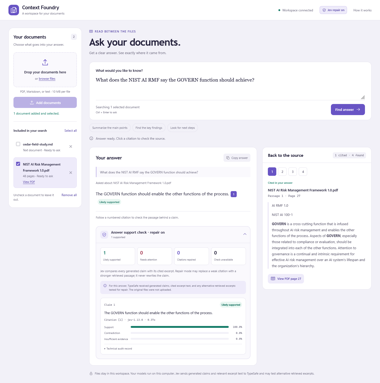 Context Foundry showing a cited answer, Jev support check, and source passage from the NIST AI Risk Management Framework